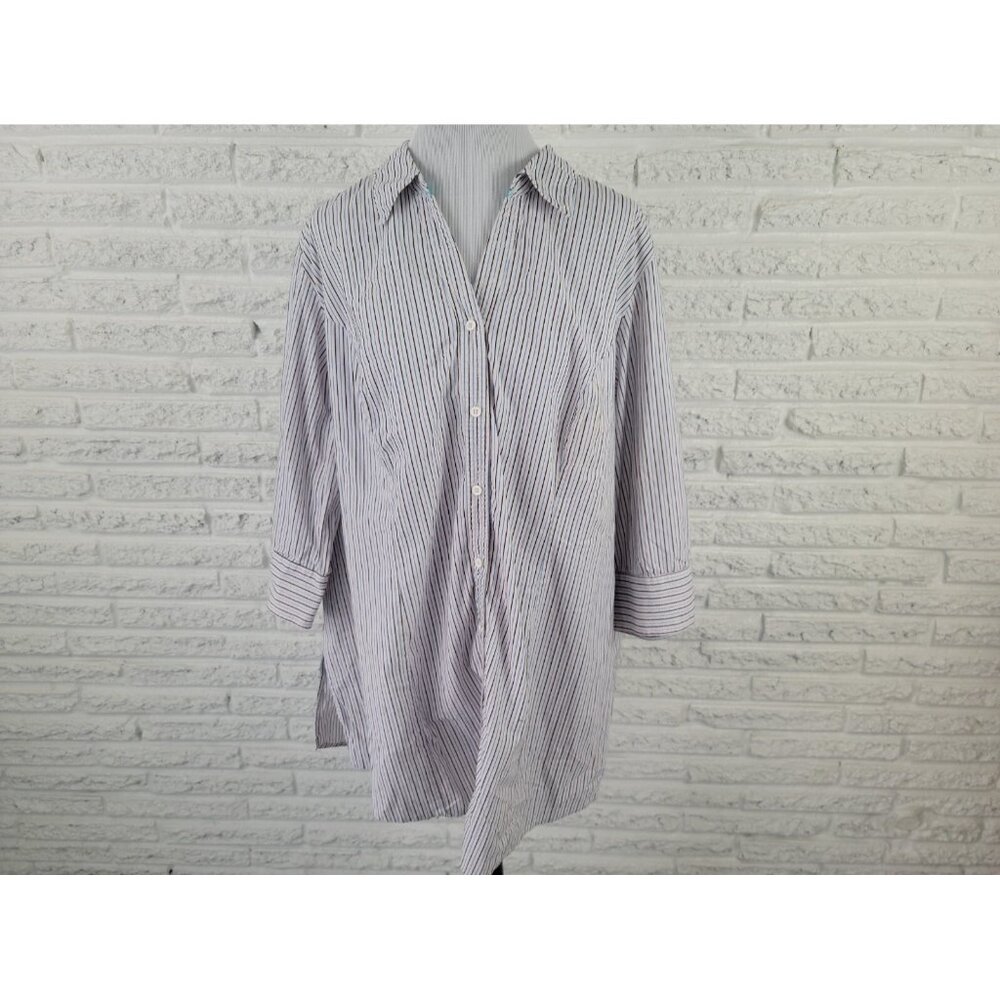 Lane‎ Bryant Womens Shirt 28 Plus Button Up Collar Blue Black Stripe STR182E